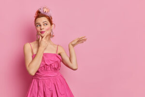 Girl in pink 1990s Prom Dress